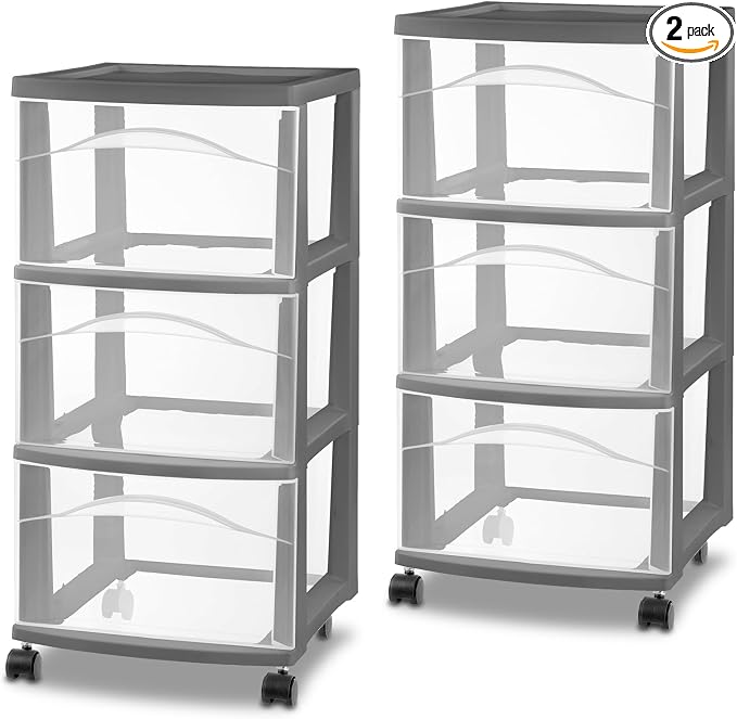 Sterilite 2 Pack 3 Drawer Storage Cart, Rolling Organization, Flat Gray | Clear Plastic Organizer Drawers with Wheels for Craft Supplies, Bath Essentials, or Home Accessories