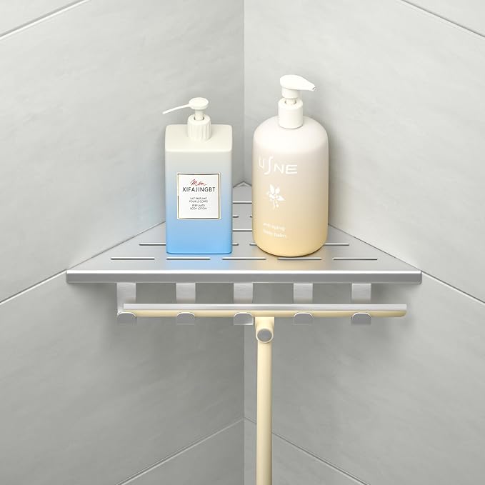 10'' Corner Shower Shelf | 304 Stainless Steel Shelves for Bathroom, Grout in Shelf with Hooks for Tiled Wall (Brushed)