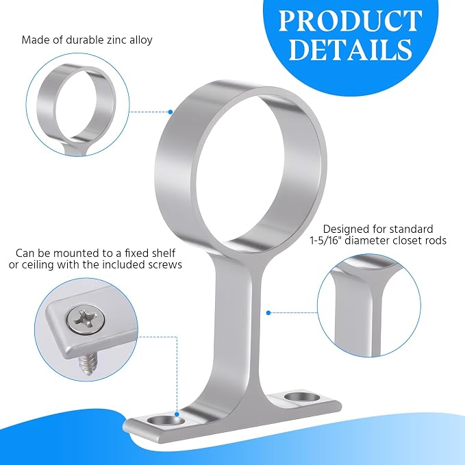 LEIFIDE 4 Pcs 1 5/16 Inch Diameter Round Wardrobe Closet Rod Suspended Center Support with Installation Screws Curtain Closet Rod Ceiling Mount Bracket for Home Wardrobe (Satin Silver)