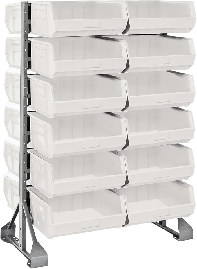 Quantum QRU-12D-250-24CL Double-Sided Display Rail Rack for Commercial Healthcare Retail Store | 1500 lbs Capacity | (12) Rails and (24) QUS250 Clear Bins | 36" W x 20" D x 53" H, Gray, Carbon Steel