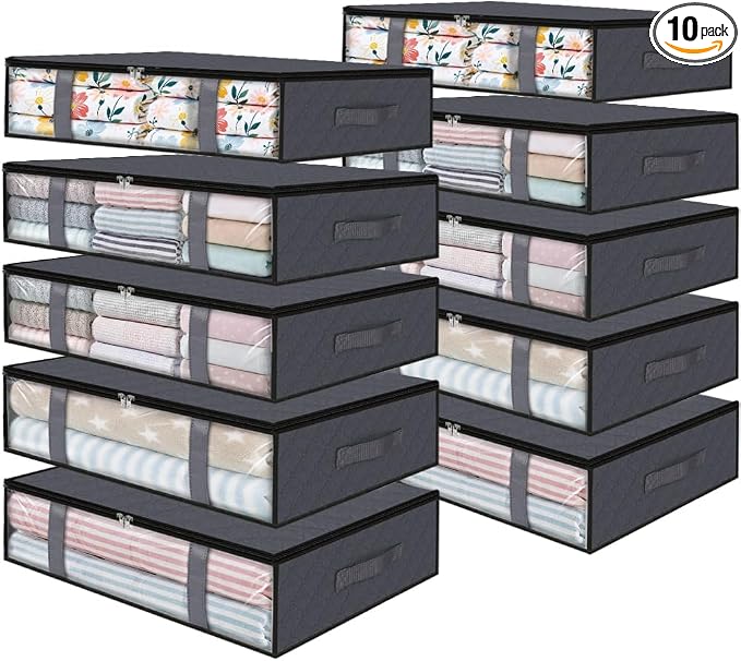 StorageRight Under Bed Storage Bags 10 Pack, 40L Large Clothes & Comforter Storage Containers with Clear Window, Breathable Fabric Organizer for Blankets, Bedding, Seasonal Clothing, Grey