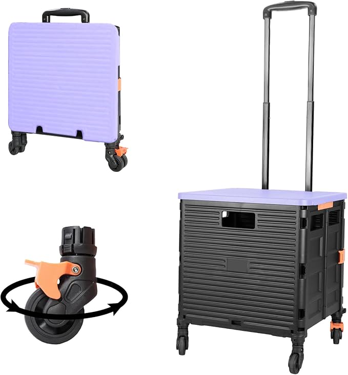 FELICON SELORSS Foldable Utility Cart Folding Portable Rolling Crate Handcart with Heavy Duty Telescoping Handle Collapsible 4 Rotate Wheels for Travel Shopping Move Luggage Office Use(Black+Purple)