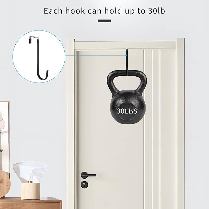 FYY Over the Door Hooks, Single-Hanger 4 Pack, Fits Doors 1.6" Black | Heavy Duty Metal, Hold 20lbs, Rubber-Coated, No-Drilling, for Bathroom Dorm, Hanging Towels Clothes Hats Bags Coats Wreaths