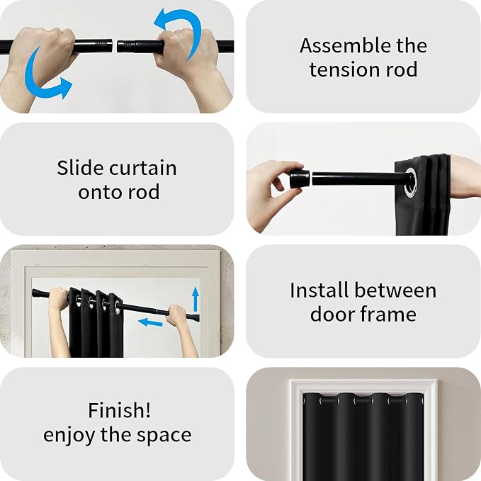 Vatge Magnetic Door Curtain with Rod - W52 x L78, 1 Panel, Black | Thermal Insulated Blackout Curtain for Room Darkening, Room Divider