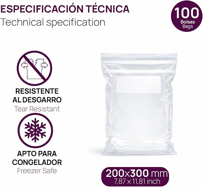 Ofituria Transparent Zip Bags 200 x 300 mm with Airtight Seal, Zip Bags for Food, Snacks, Freezing as well as Kitchen and Travel Organisation - Ofituria (100 Bags)