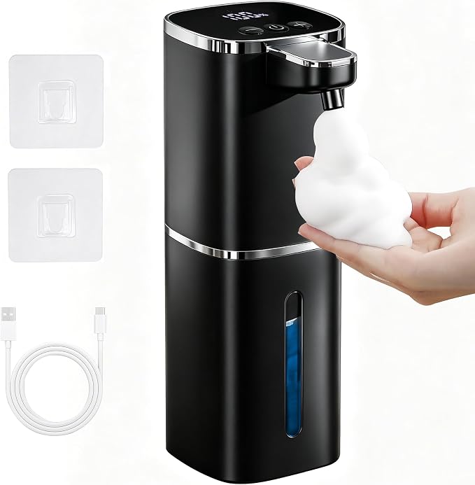 Automatic Foaming Soap Dispenser Touchless, USB Rechargeable | Smart Hand Soap Dispenser, 9-Level Adjustable, 13.5oz/400mL,IPX5 Waterproof, Wall/Tabletop Kitchen Bathroom, Black
