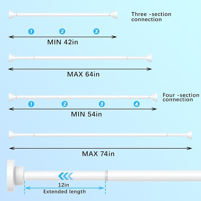 AIZESI Shower Curtain Rod, Adjustable 42-74 Inch Spring Tension Shower Rod, 1" Diameter Tension Curtain Rod No Drilling, Anti-Slip, Premium Stainless Steel Anti-Rust, White