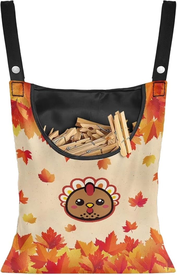 Turkey Clothespin Storage Moon Hanger Bags Maple Leaf Laundry Clothespin Bag with a Large Opening, Waterproof Hanging Storage Organizer with Hanging Rope for Home Outdoor