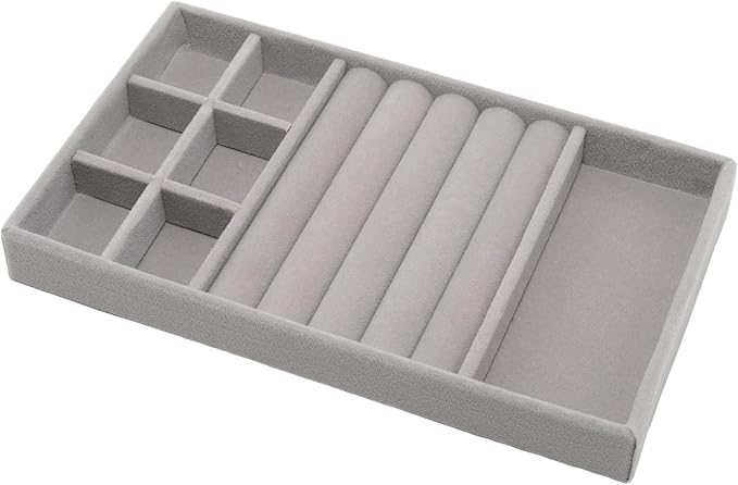 Velvet Jewelry Organizer Trays Gray Stackable Jewelry Storage Display Tray with Removable Dividers, 3-in-1