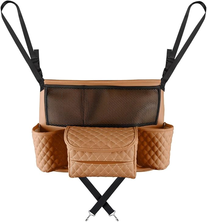 DXNQ Car Purse Holder Between Seats, Luxury Leather Front Seat Back Handbag Organizer with Tissue Box Cup Holders, Auto Large Capacity Multi Pocket Purse Holder Hanging Storage Bag (Brown)