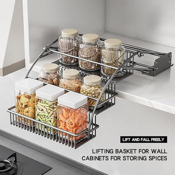 3-Tier Pull Down Spice Rack Organizer for Inside Cabinet Pantry Expandable Display Riser Shelf Kitchen Seasoning Shelf (31.5cm/12.4in)