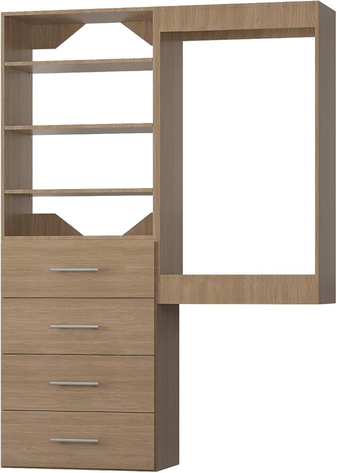 ROOMTEC Modular Closet System, 49" Wall-Mounted Closet Organizer with Drawers and Hanging Rods, Wooden Tower for Walk-In Closets, Wardrobe Storage Kit, Wood