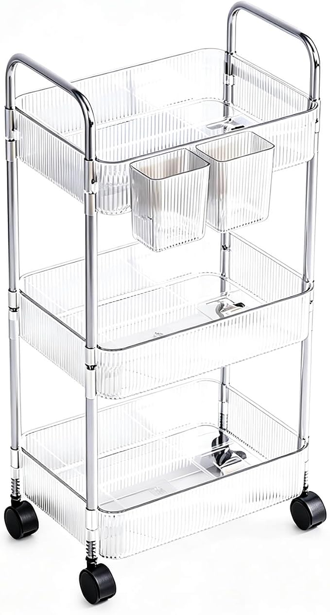 3-Tier Clear Utility Rolling Cart with Wheels for Kitchen & Bathroom | Lightweight-usage, Easy assembly, Multifunctional storage organizer, Clear, 8.2”W * 13”L * 25.8”H