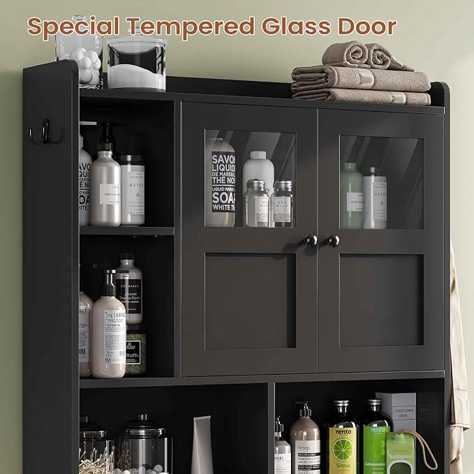 Itaar Over The Toilet Storage Cabinet, Over Toilet Bathroom Organizer with Glass Doors & Toilet Paper Holder Stand, Home Space-Saving Toilet Rack, for Bathroom, Restroom, Laundry(Black)