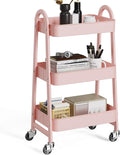 OLIXIS Metal 3 Tiers Utility Rolling Cart, Mobile Storage Shelf with Lockable Caster Wheels, Organization for Livingroom, Bathroom & Narrow Places, Pink