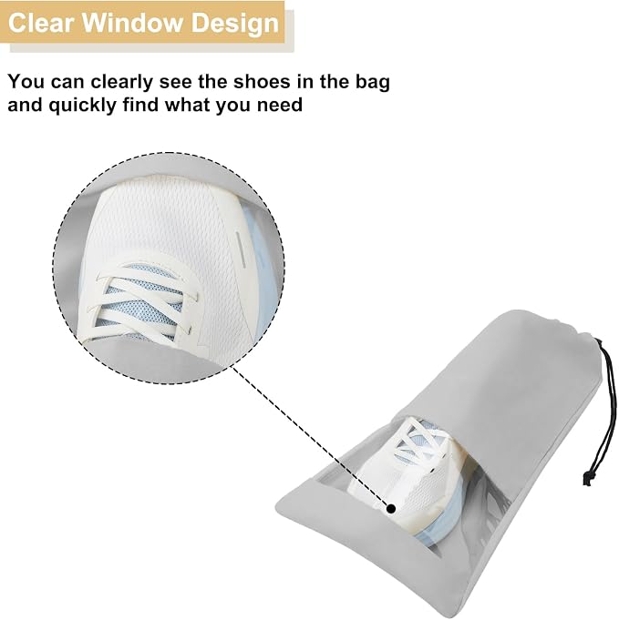 4 Pcs Single Shoe Bags for Travel, 9.1"x17.7" Drawstring Shoe Travel Bags with Clear TPU Window, Travel Organizer for Suitcase (Grey)