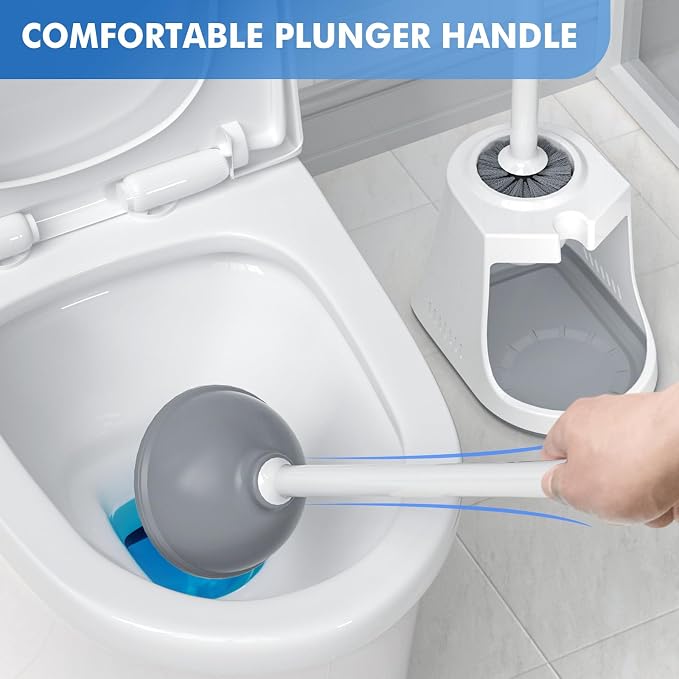 LOVLOY Toilet Plunger and Brush, Bowl Brush and Heavy Duty Toilet Plunger Set with Ventilated Holder, 2-in-1 Toilet Brush and Plunger Combo for Bathroom Cleaning (2 Pack, White)