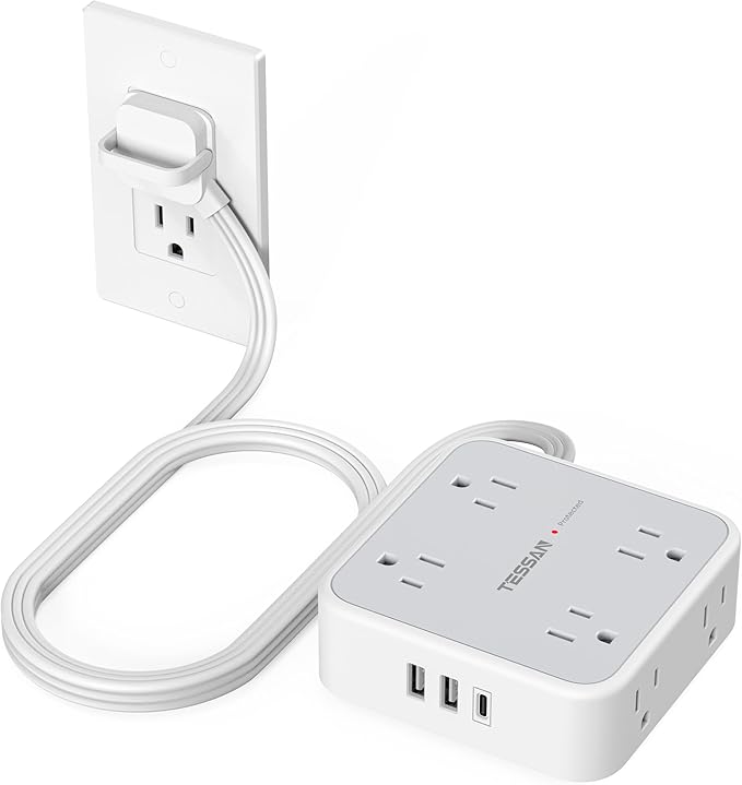 TESSAN Surge Protector Power Strip, 5 Ft Flat Plug Extension Cord with 3 USB (1 USB C) 8 Outlets, 900J Protection, 3 Sided Outlet Extender with Ring Plug for Office, Dorm Room, Grey