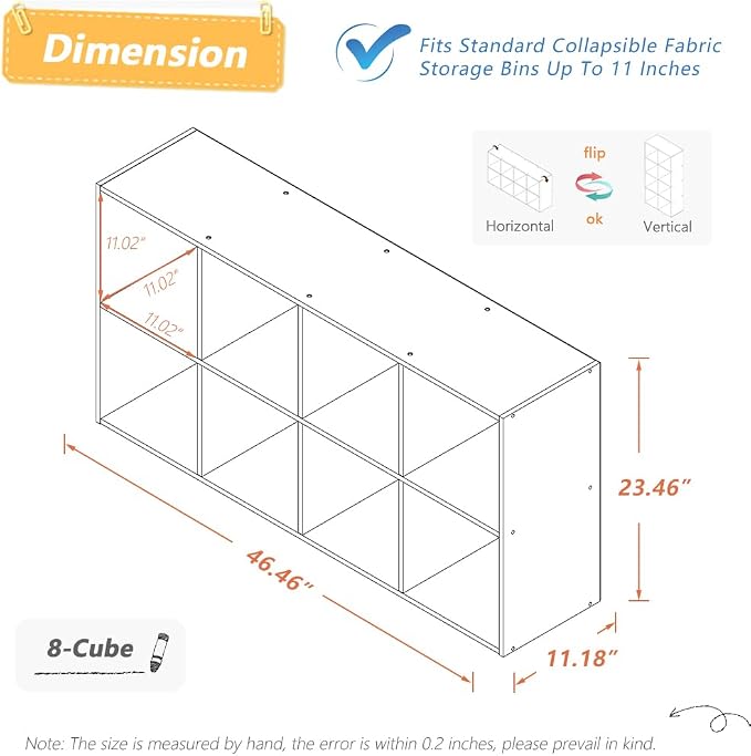 NELYE 8 Cube Organizer Bookcase White Open Shelf | Suitable for 11-inch Fabric Storage Bins, Simple Compartments Bookshelf, Holds 20 Lbs per Cube