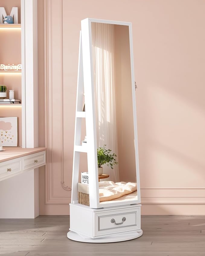 Vlsrka Mirror Jewelry Cabinet Standing with Lights, Lockable, Swivel, White | Standing Jewelry Armoire with Full Length Mirror, Large Jewelry Organizer Storage with Foldable Makeup Shelf, 3 LED Lights