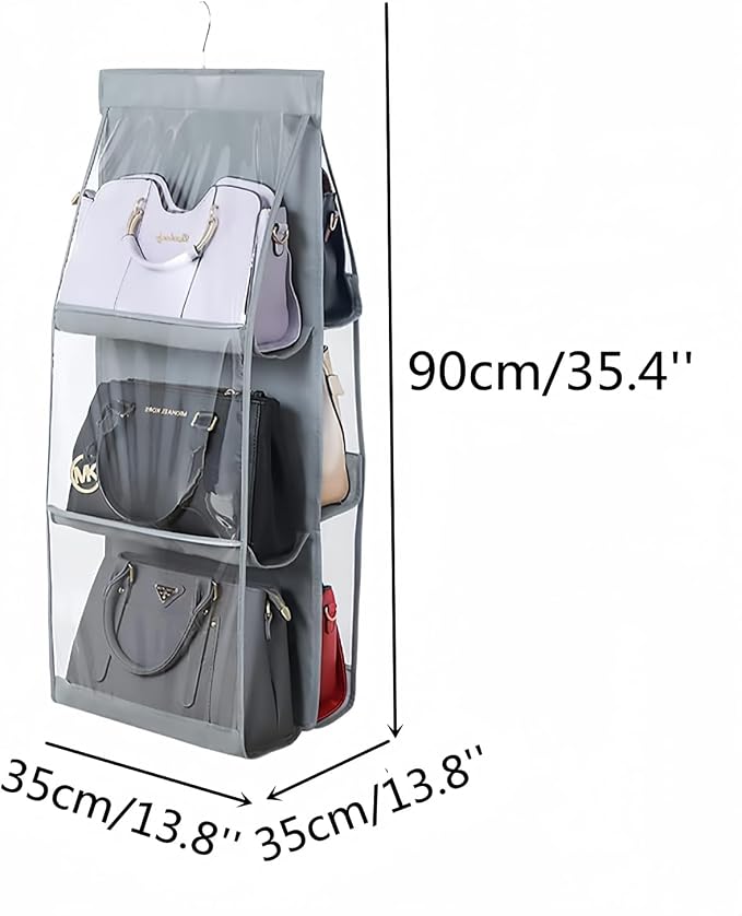 HAN SHENG 6 Pockets Clear Handbag & Purse Organizer Hanging Bag Storage - Space Saving Hanging Shelf for Closet, Wardrobe, Over Door (2 Pack, Grey)