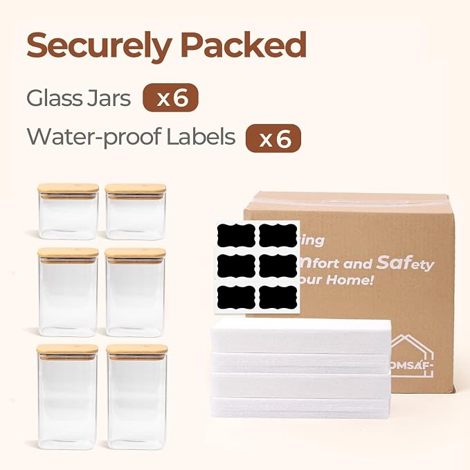 ComSaf Glass Pantry Storage Containers (0.7qt/1.2qt/1.6qt) Set of 6 Jars | Rectangle Glass Storage Containers With Lids, Glass Canisters With Airtight Lids For Kitchen, Spices, Tea, Coffee, BPA Free