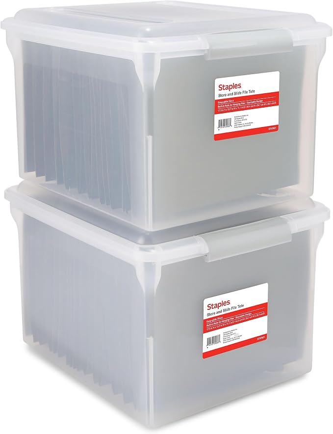 STAPLES Store & Slide Plastic File Box Latching, Letter/Legal Size, Clear, 2/Pack