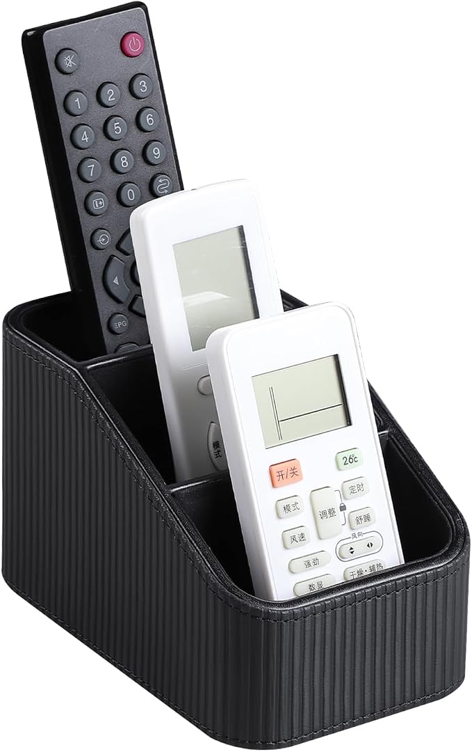 Remote Control Holder, PU Leather Nightstand Organizer, Black | 3-compartment Remote Bedside Caddy, Soft Velvet Lining, Small Desk Organizer for Remote/Pen/Glasses/Phone