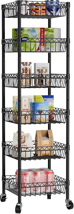 Golpart Basket Shelves Closet Rack with Wheels Metal Pantry Wire Shelf Unit | 6 tier Storage Rolling Shelving Bathroom Organizers Kitchen Garage Laundry Room Organization Home 13.6"Dx13.6"Wx63"H Black