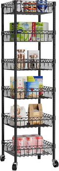 Golpart Basket Shelves Closet Rack with Wheels Metal Pantry Wire Shelf Unit | 6 tier Storage Rolling Shelving Bathroom Organizers Kitchen Garage Laundry Room Organization Home 13.6"Dx13.6"Wx63"H Black