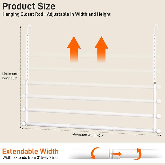 SUTINE Closet Rods for Hanging Clothes, Adjustable Metal Closet Extender Hanging Rod, Space-Saving Closet Rod Extender Clothes Hanging Bar, Closet Poles for Hanging Clothes (White, 31.5-47.2 IN)