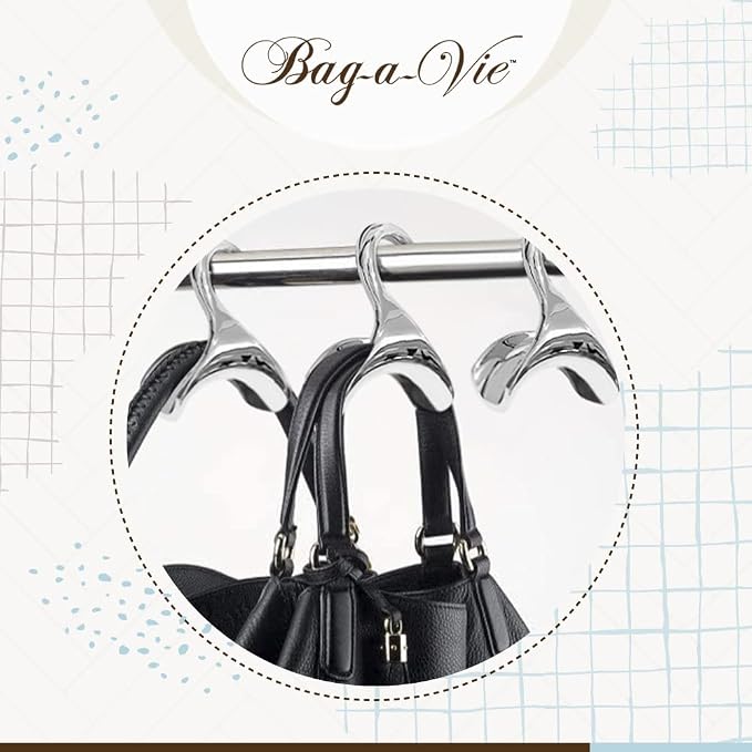 Bag-a-Vie Purse Hanger for Closet - Handbag Organizer Hooks for Hanging Bags & Purses, Protecting Bag Shape & Organizing Space (6 Hangers, Silver Metal)