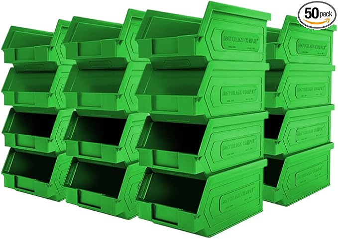 50-Pack Small Storage Bin | Wall Mount Storage, Hanging and Stacking Bin, Freestanding | 7” x 4” x 3” Plastic Container | Green | Zeus 1PLZ02