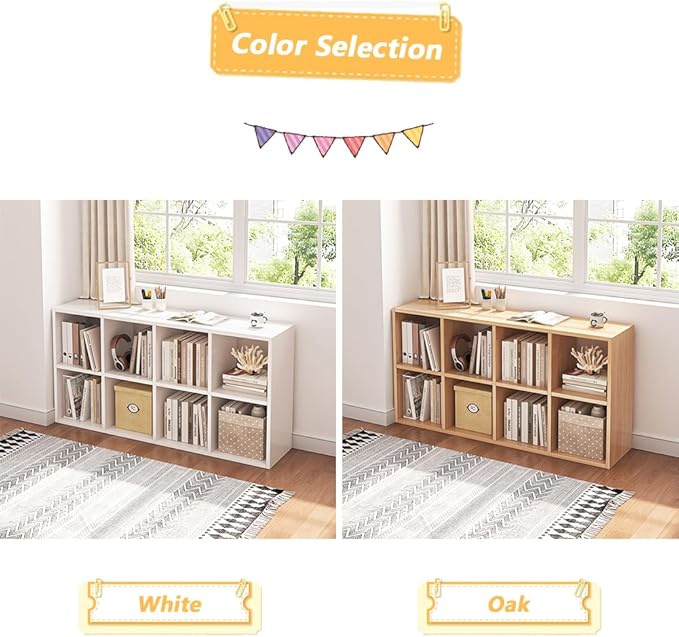 NELYE 8 Cube Organizer Bookcase White Open Shelf | Suitable for 11-inch Fabric Storage Bins, Simple Compartments Bookshelf, Holds 20 Lbs per Cube