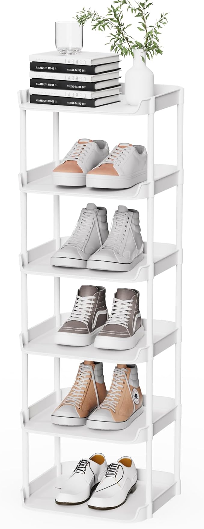6 Tier Narrow Shoe Storage Rack, Compact Single Shoerack Stand for Slim Space, Stackable Tall Thin Show Tower, Solid Plastic Shelves, for Hallways, Kitchens, Bedrooms Tidy Organizer, White