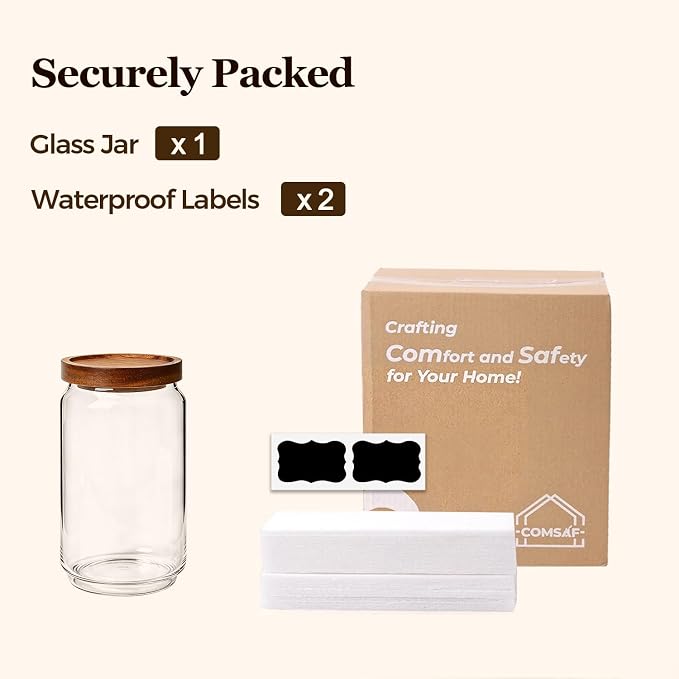 ComSaf Glass Jar with Acacia Wood Lid 34oz 1Pack, Food Storage Container | 1L Canister, Oats Coffee Sugar Pasta Candy Cookies Nuts, Kitchen Pantry, Decorative, Countertop Display, Food-Grade, Label