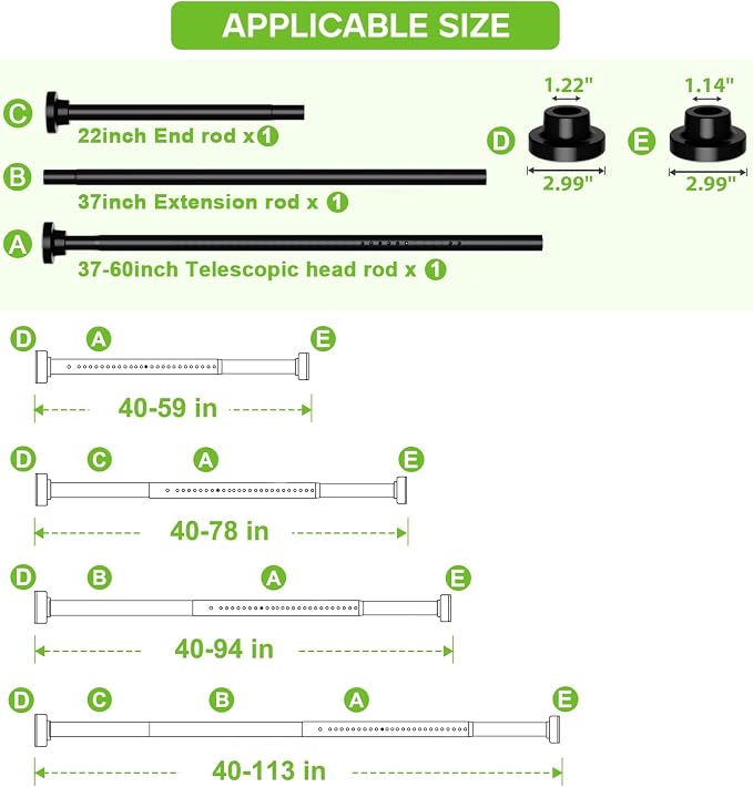Long Tension Curtain Rod 40-113inch Black Curtain Rods no Drilling Adjustable Tension Rod for Windows,bathroom,Patio,Doorway,Heavy Duty Spring Rods Diameter 1.26inch