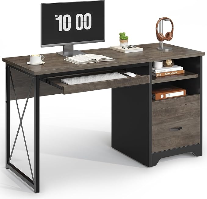 Bestier 47" Office Desk with Drawers, Industrial Computer Desk with Drawer, Reversible Teacher Desk with Storage & Keyboard Tray for Small Space Home Office & Studio, Gray Wash | 47 Inch Desktop With File Drawer, Open Storage, Keyboard Tray And Reversi...