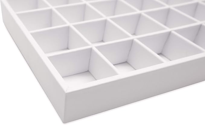 The Display Guys - Stackable Jewelry Tray and Organizer - for Drawers, Dressers, Store Display (32 Compartments, White Leatherette)