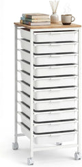 GOFLAME 10-Drawer Rolling Storage Cart, Craft Storage Cart with Wooden Tabletop and Lockable Wheels, Art Cart Supply Storage Organizer with Metal Frame for Home Office Classroom, White