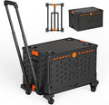 Folding Hand Truck Collapsible Crate Set, No Assembly Required 2 in 1 Utility Portable Rolling Crate Handcart with 4 Big Wheels & 2 Elastic Ropes & Removable Storage Crates (2.76 inches brakes wheels)