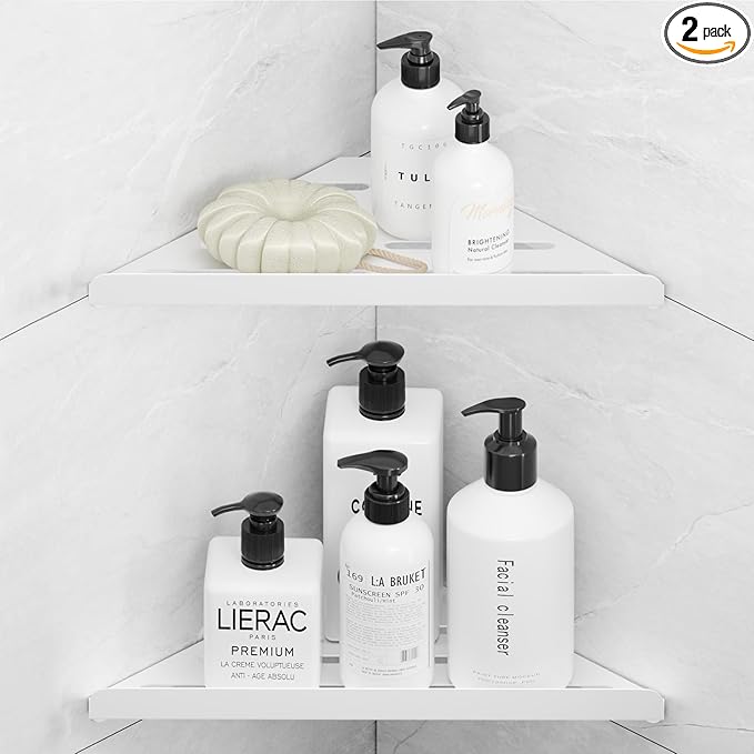 Fikoksol Shower Caddy Storage, Triangle Corner Shelf with Adhesive Glue | Metal Bathroom Shelf Storage, Adhesive or Screw Wall Mounted Corner Shower Rack, White Rustproof Bath Organizer Accessory