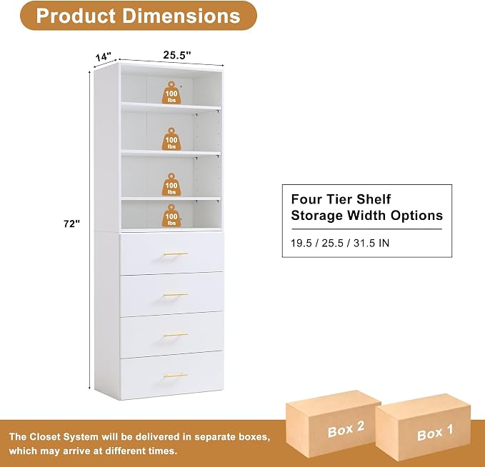25.5" Closet Organizer Tower, White MDF Closet System with Adjustable Shelves and 4 Drawers, Wall-Mounted Wardrobe Storage Cabinet for Bedroom, Walk-In Closet and Dressing Room Storage