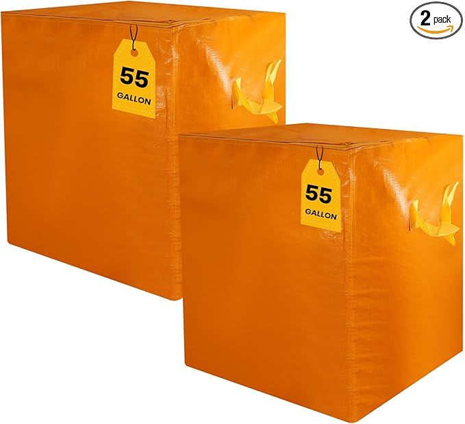 2 Pack 55-Gallon Heavy Duty Moving Bags, Large Storage Totes with Zipper, Alternative to Moving Boxes for Storage, Seasonal Clothes, Student Moving, College Dorm (Orange)