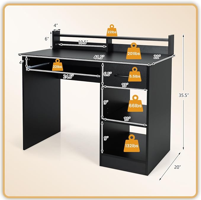 GOFLAME Computer Desk, Home Office Desk with Large Drawers, Hutch, Keyboard Tray, 5-Position Adjustable Open Shelves, Easy Assembly, Writing Desk for Bedroom, Small Space, Living Room, Black