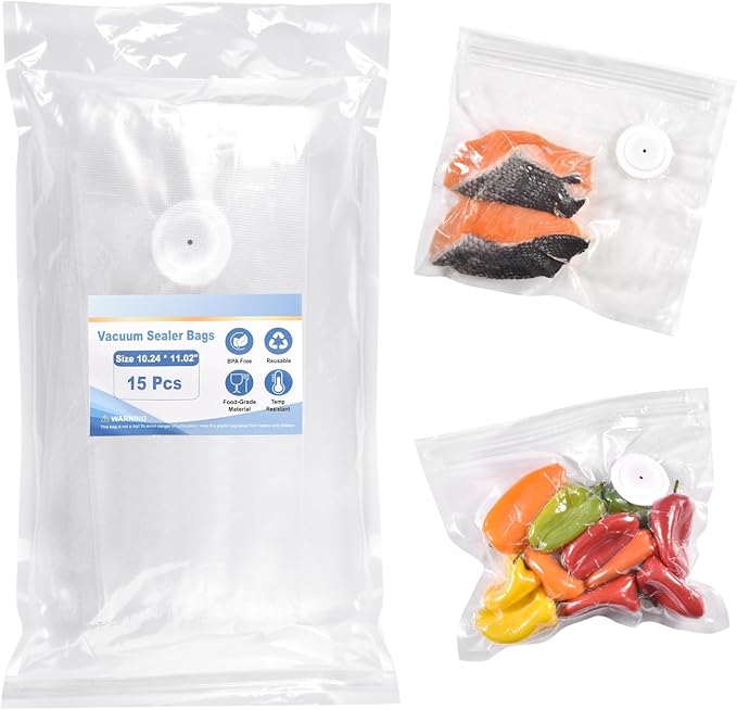 VENMATE Reusable Vacuum Sealer Bags, 15 Pack BPA-Free 10×11 Inch, Leak-Proof, Freezer Microwave Sous Vide Safe, ideal for storing snacks, spices, meat, fruits and vegetables