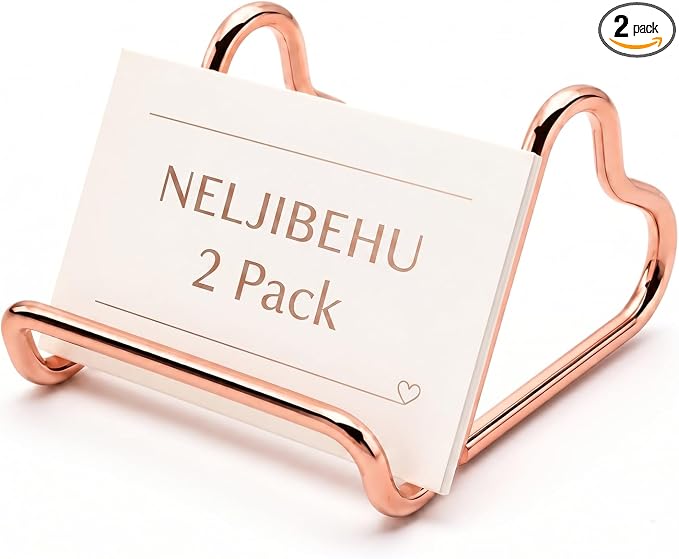 2 Pcs Cute Rose Gold Metal Heart Business Card Holder for Desk | Metal Heart Business Card Display Stand, Pretty Desk Organizer and Cute Desk Accessories for Office Desktop
