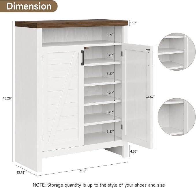 ONBRILL 6-Tier Shoe Cabinet with Doors, Farmhouse Shoe Storage Cabinet with Adjustable Shelves, Large Capacity Wooden Shoe Rack Organizer for Entryway, Closet, Hallway, Living Room, White