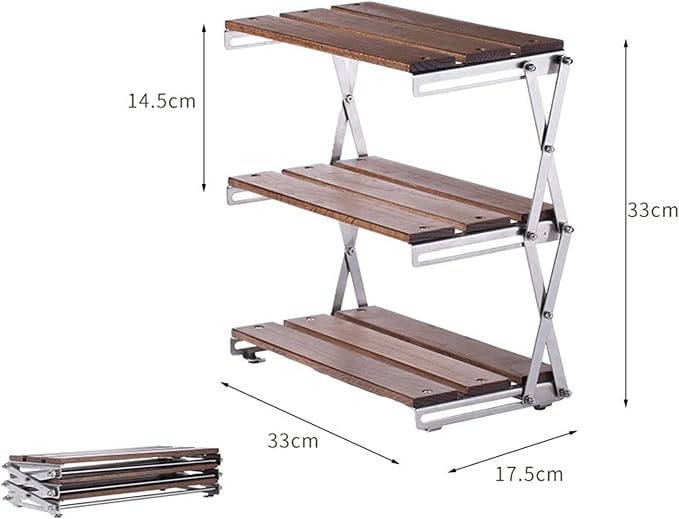 Topyond 3-Tier Storage Shelf Racks, Folding She lf Storage Rack, Strong Load Bearing Fine Polishing Metal Beech Wood Camping Organizer for Outdoor Camping(Chrome-Plated Shelf)