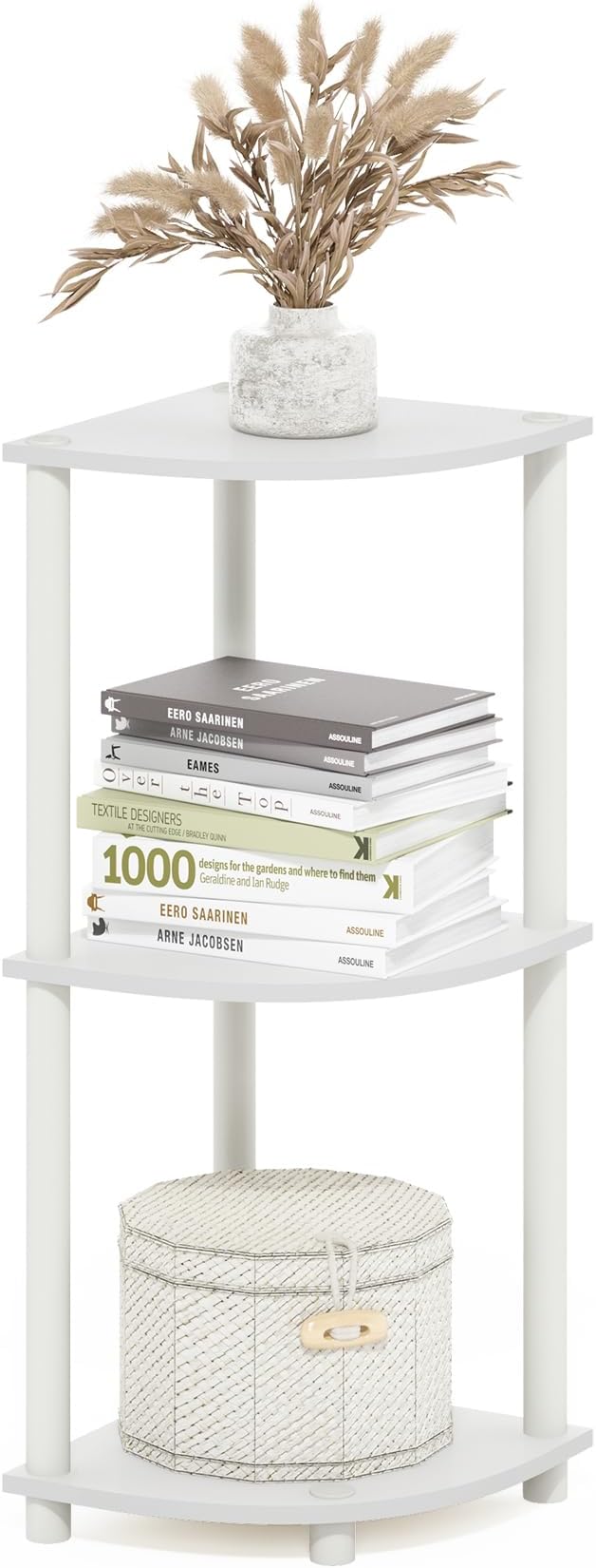 Furinno Turn-N-Tube Toolless Assembly 3-Tier Corner Shelf, Corner Book Shelf, Open Shelves Bookshelf, for Organization and Storage, Living Room, Home Office, Bedroom, Plain White